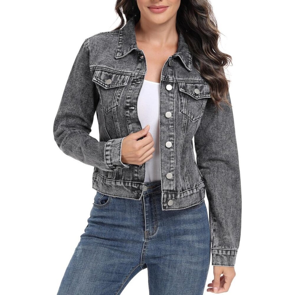 Women's Denim Jackets Crop Long Sleeve Button Down Jean with Pockets Deep Grey